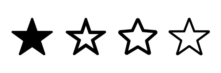 Fototapeta premium Star vector icon set. Collection of black and white line and filled stars. Simple minimalist five-pointed star shapes, ranking symbols for rating, review, feedback. Graphic design elements on white ba