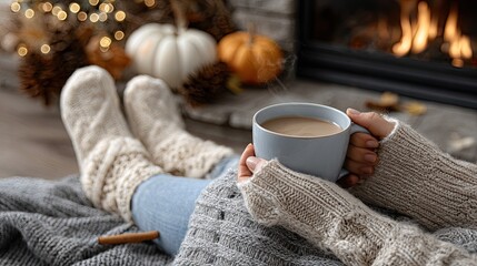 Hand holds a coffee cup near a white stone fireplace adorned with autumn leaves and pumpkins, creating a warm, inviting atmosphere