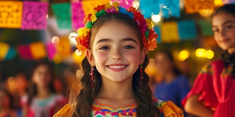 Fototapeta premium Girl celebrating mexican independence day colorful festival portrait vibrant atmosphere joyful expression