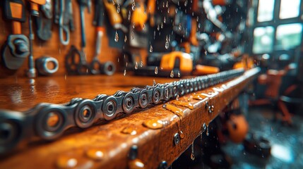 Wet bicycle chain on a workshop bench. Water droplets fall on the chain and workbench. Tools and equipment are visible in the background