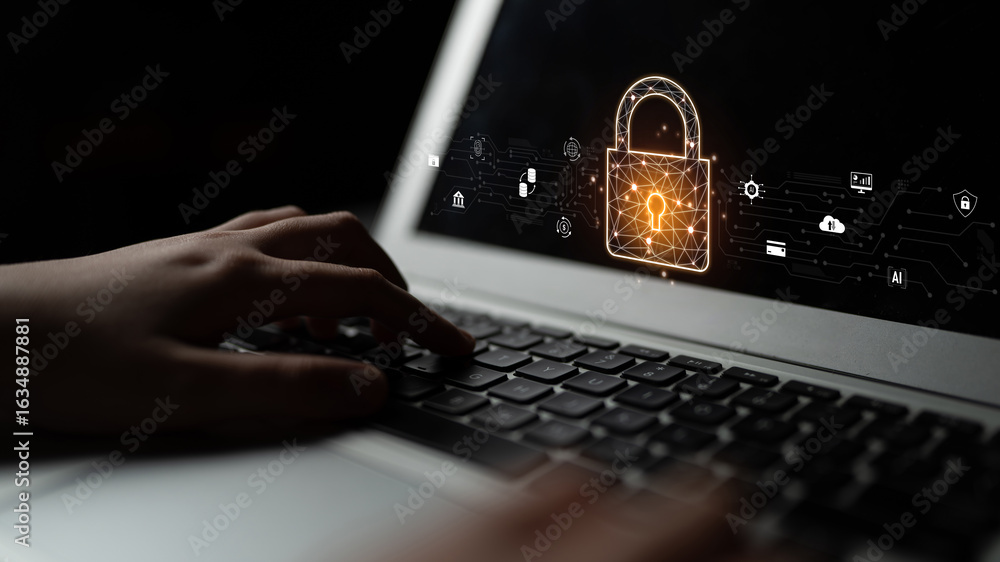 Poster cyber security safeguards data and systems. cyber security uses ai, digital security protects cloud,