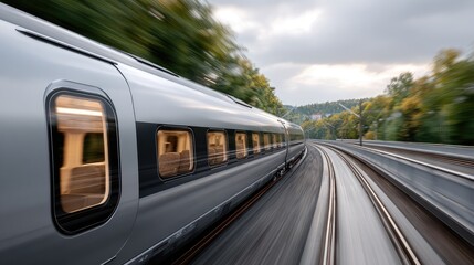 Fototapeta premium A high-speed train glides through picturesque fields as the sun sets, capturing the essence of travel and adventure in motion