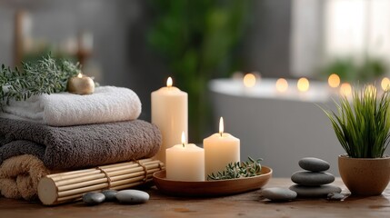 A calming spa atmosphere is created with candles, soft towels, bamboo sticks, and decorative stones, ideal for relaxation and self-care
