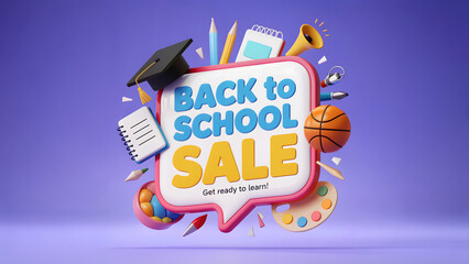 3D Rendered Colorful Back to School Sale Banner with Speech Bubble, School Supplies, Graduation Cap, and Purple Background