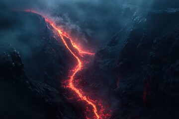 Volcanic magma flows through a rugged landscape in a fiery display of natural forces at night, Aerial view of red hot volcanic magma flowing