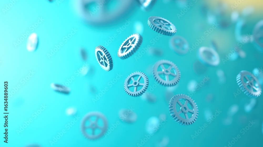 Poster floating gears mechanism symbolic of technology and engineering