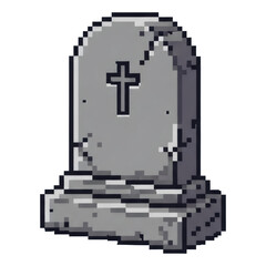 Fototapeta premium ピクセルアート 墓石 十字架 シンボル グレー ピクセル化された 墓 墓地 背景透過