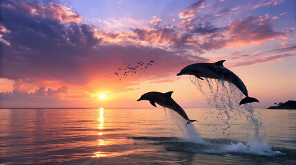 Two dolphins leaping from the ocean during a vibrant sunset with colorful clouds