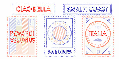 Italian travel stamps featuring pompeii amalfi coast and italia © John Lee