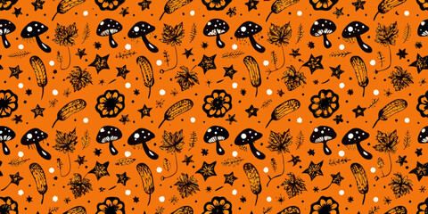 Whimsical halloween pattern with mushrooms leaves and stars