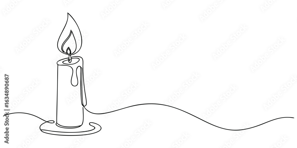 Poster minimalist single line drawing of a candle with a burning flame evoking warmth and simplicity in a c
