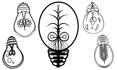 Stylized Light Bulb Line Art, Creative Idea Bulb Illustrations, Hand-Drawn Lightbulb Set, Innovation and Creativity Icon Collection