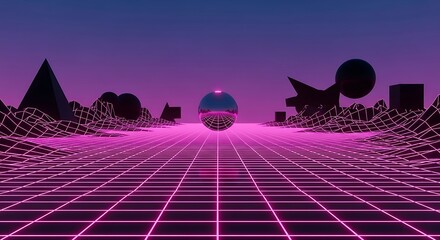 Retro futuristic landscape with neon grid and geometric shapes