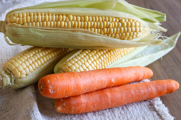Two carrots with corn cobs on fabric