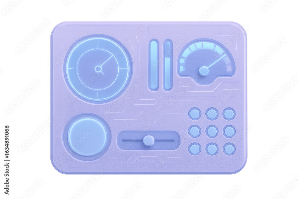 Poster 3d rendering of a futuristic control panel with glowing indicators, dials, and buttons, isolated on 