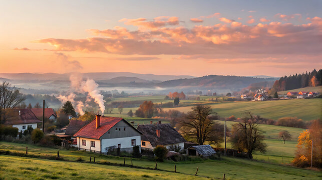 Picturesque village scene at sunrise with smoke rising from chimneys in the countryside