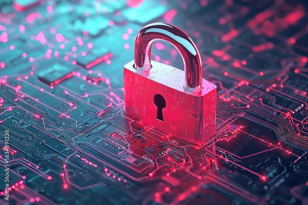 Poster a digital representation of cybersecurity featuring a vibrant padlock amidst circuit patterns and gl