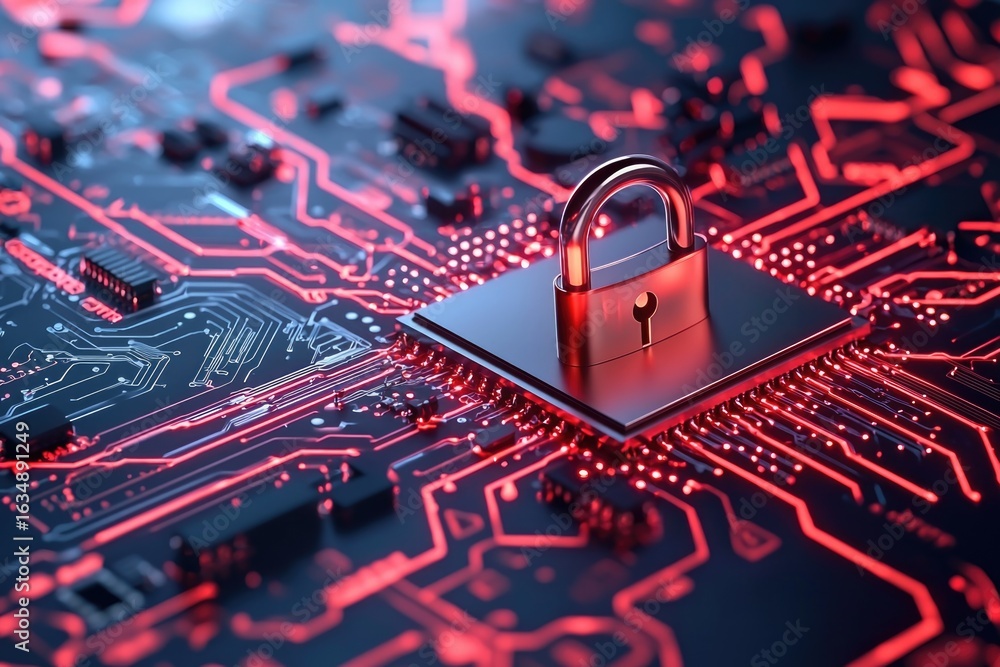 Poster a high-tech security system with a digital lock on a vibrant circuit board design.