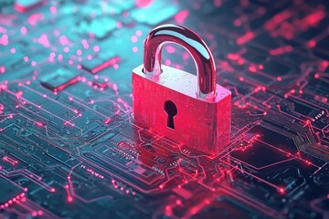 A digital representation of cybersecurity featuring a vibrant padlock amidst circuit patterns and glowing nodes.