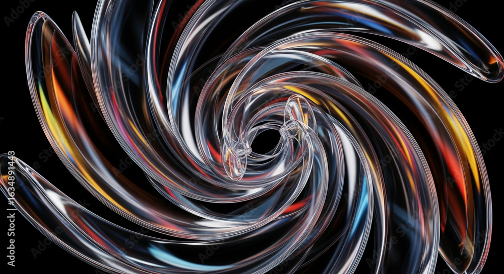 Poster abstract swirl of translucent glass forms, creating a dynamic and colorful vortex effect, showcasing