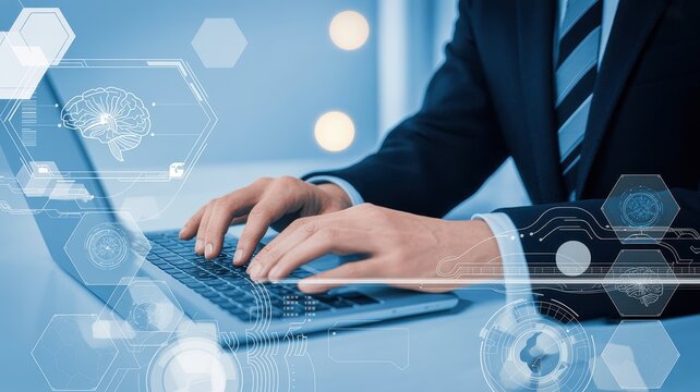 Businessman using laptop; futuristic AI brain interface overlay; blue tech theme.