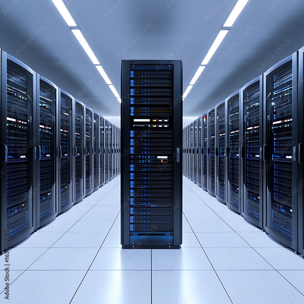 Poster modern server room with rows of computer racks and blue lighting