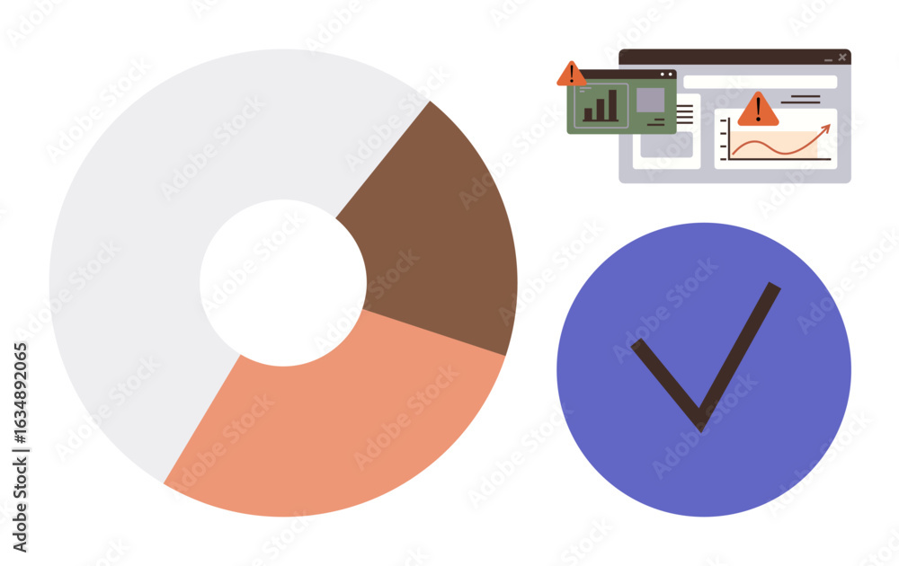 Poster pie chart with sections, warning notifications on financial or data analytics graphs, and a purple c