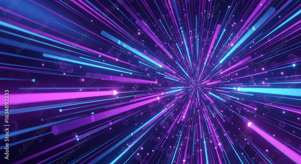 Poster abstract background with blue and purple glowing lines radiating outwards, creating a dynamic and en