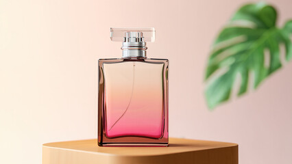 Elegant glass perfume bottle with pink gradient liquid on a pedestal with soft background and leaf