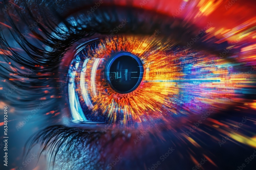 Poster closeup view of a human eye showcasing intricate details and vibrant colors representing perception 