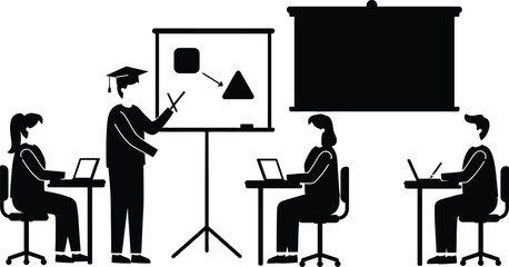 Educational Infographic Presentation Vector Illustration. Professor with a Graduation Cap Teaching Students with Laptops, Displaying Achievement and Data.