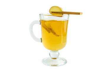 Ginger tea in glass with cinnamon stick and ginger slice on transparent background