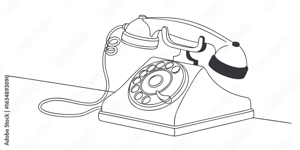 Poster retro rotary telephone continuous line drawing illustration featuring a single continuous line formi