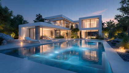 Fototapeta premium Modern luxury villa exterior at dusk. Contemporary design features large windows, pool. Smart home, automated buildings concept, real estate, property management. Eco-friendly, sustainable living.