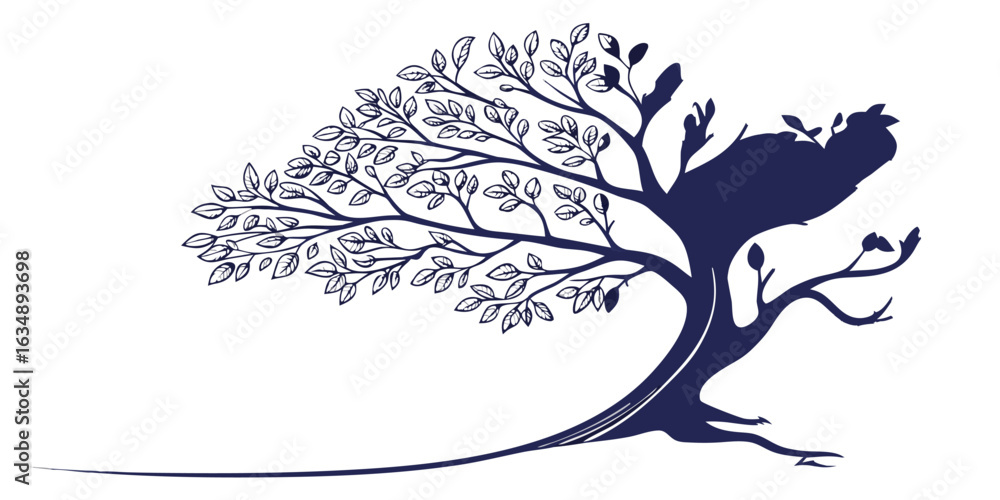 Poster a minimalist single continuous line drawing of a solitary tree with a solid trunk and branches rende
