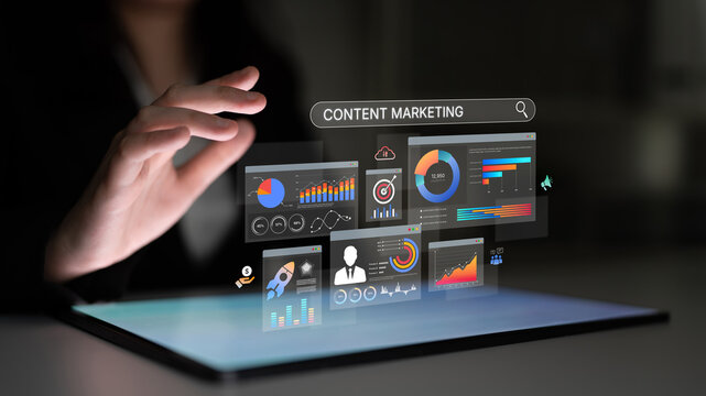 Content marketing interface with data dashboards, analytics charts, and content tools. Marketing success comes from content performance, content planning, and marketing optimization. Spline