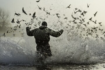 Waders splash in water, creating a dramatic scene with birds taking flight at dawn, waders stand in the water and take off raising spray