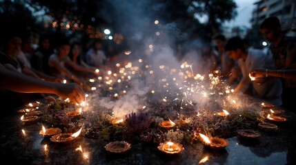 Festival celebration in India with vibrant lights and joyful people participating in traditional rituals