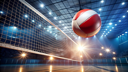 Dynamic action shot of a volleyball in mid air above a net in a brightly lit indoor arena during a game