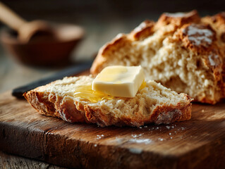 Irish soda bread slice with melting butter on wooden board