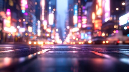 City street at night with neon lights and wet pavement reflecting urban scene