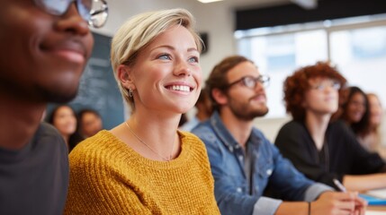 Obraz premium a woman smiles while sitting in a classroom