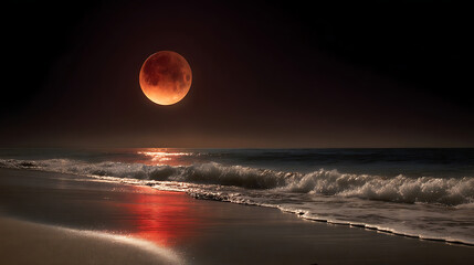 Crimson moon illuminates ocean waves crashing on sandy shore blood moon lunar eclipse
