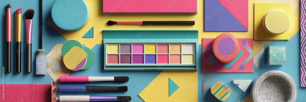 Poster retro 80s themed makeup set featuring geometric shadows on vibrant colorful background with ample sp