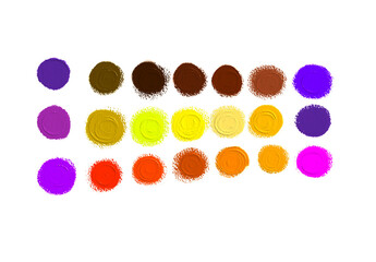 Vibrant Circular Watercolor Paint Swatch Collection,Abstract Colorful Round Paint Dots on White,Creative Artistic Palette of Circular Paint Textures,Set of Bright and Muted Watercolor Circles.