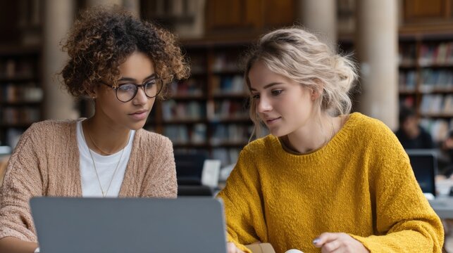 two women sitting at a table with a laptop - Powered by Adobe