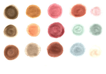 Diverse Watercolor Paint Swatch Collection and Textures,Creative Hand-Painted Color Palette Set,Vibrant and Abstract Watercolor Brushstroke Textures,Artistic Paint Swatches in Various Shapes and Hues.