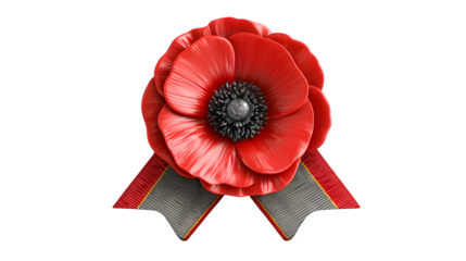 Memorial badge with a 3D red poppy flowers isolated on white