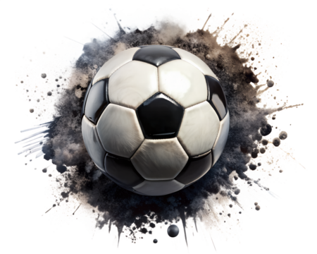 soccer ball with back ink splashes isolated on white background. PNG Transparent file type with high definition quality And vibrant color grading Available.
