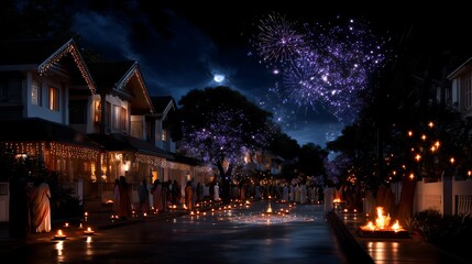 Vibrant Diwali celebration with colorful lights and fireworks illuminating the night sky in an Indian neighborhood
